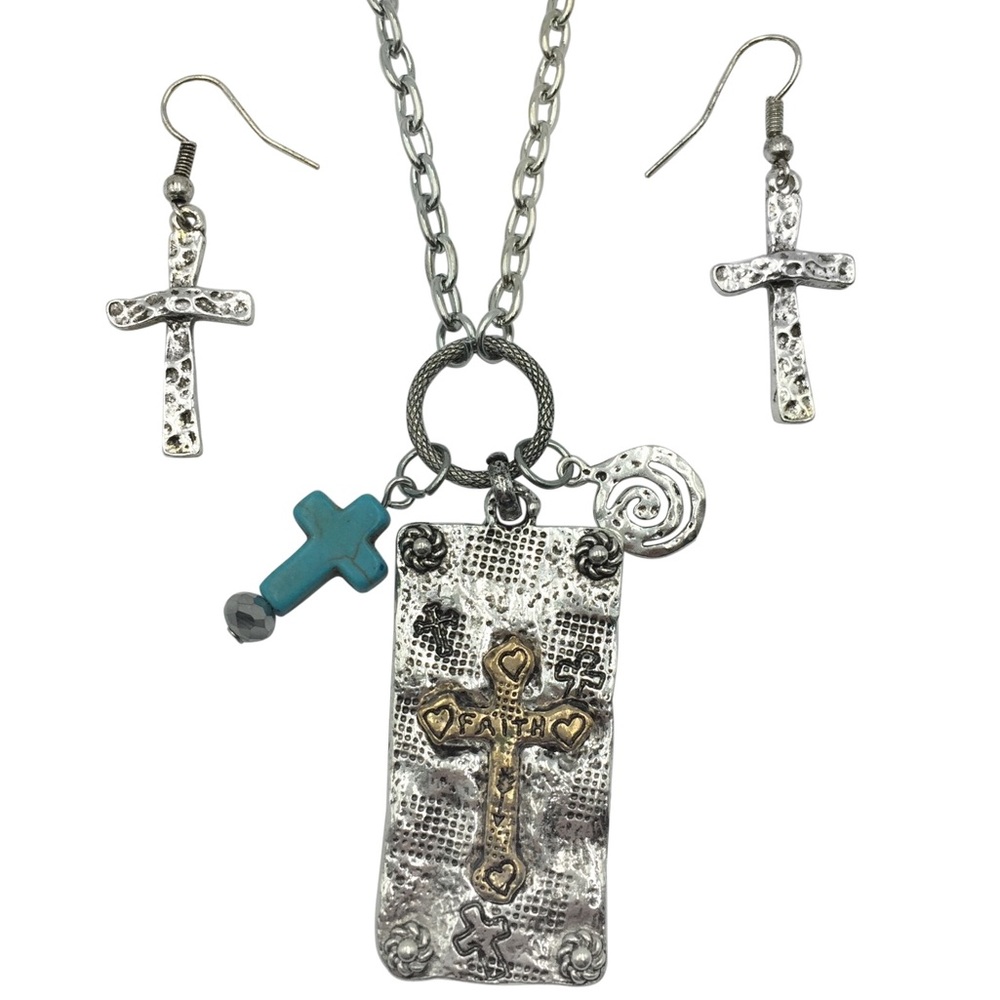 2-Tone Faith Cross Rugged Artesian Look Pendant Silver Necklace & Earrings Set